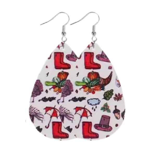 Autumn Earrings Faux Leather Leaves Turkey Rain Pilgrim Thanksgiving Dangle NEW - Picture 1 of 4